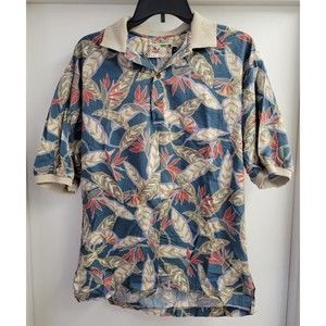 Tori Richard Men's L Short Sleeve Hawaiian Cotton Polo Shirt Birds of Paradise